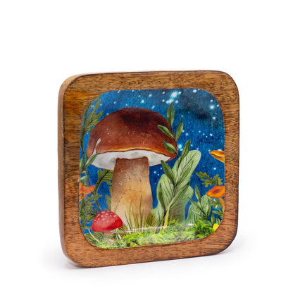 Grand plateau carré 15x15x2,5cm - Motif champignon bleu sarcelle