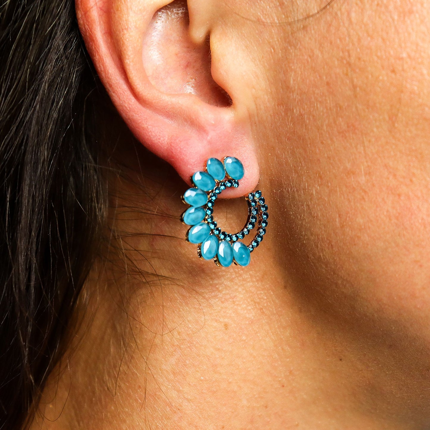 Vintage Crystal Hoop Earrings - Turquoise Green