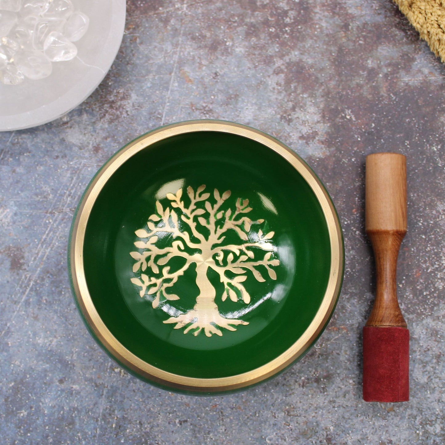 Large Tibetan Singing Bowl Set - Tree of Life - Green 14cm