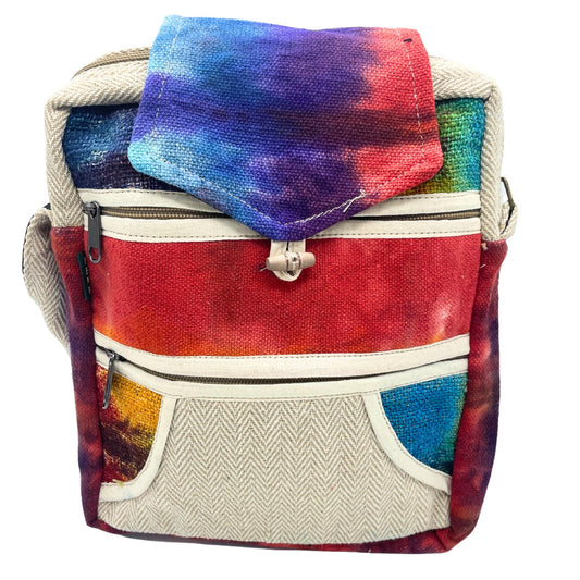 Dyed hemp crossbody bag with 2 zippers and flap
