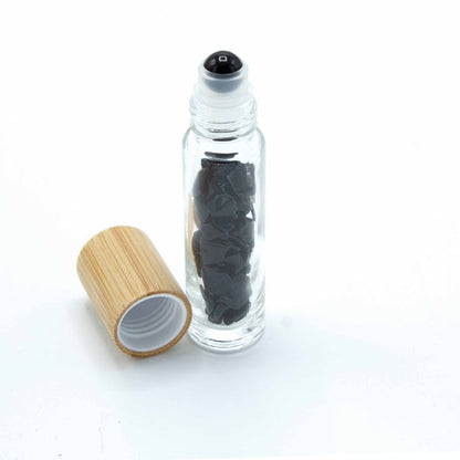 Botella de rodillo de aceite esencial de piedras preciosas - Turmalina negra - Tapa de madera