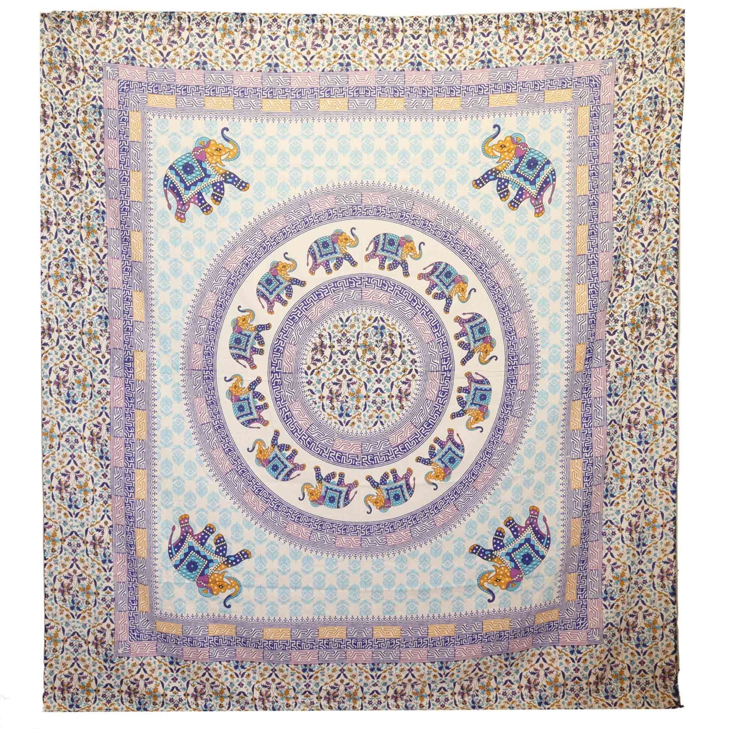 Tapestry / Hanging - Elephant Mandala - Turquoise/Blue on Cream