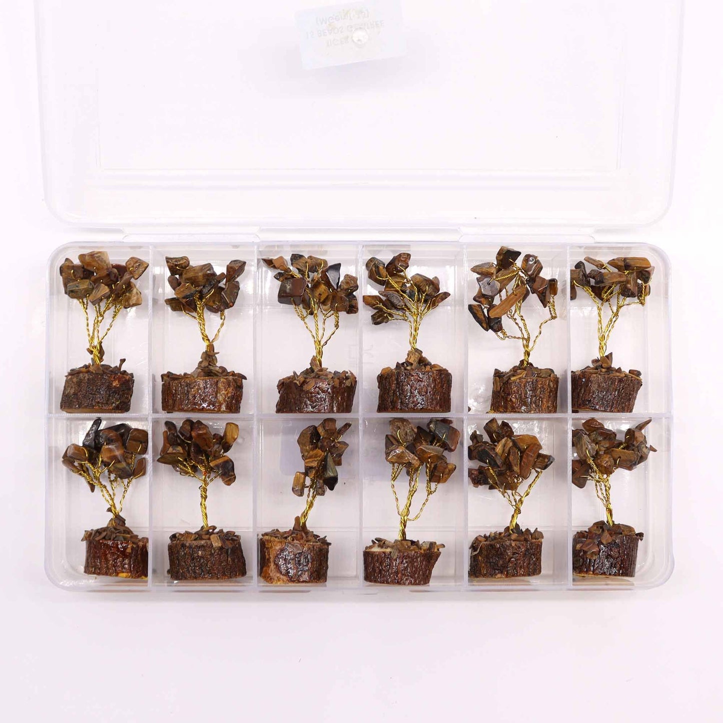 Mini arbre à pierres précieuses sur socle en bois – Œil de tigre (15 pierres)