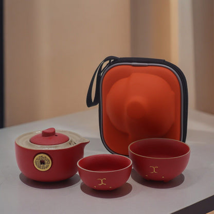 Teapot Set - Money Cat - Two Cups &amp; Travel Case - Red