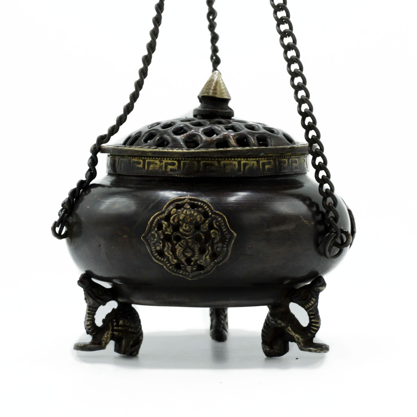Large Tibetan Brass Burner - Four Symbols Hanging Vessel