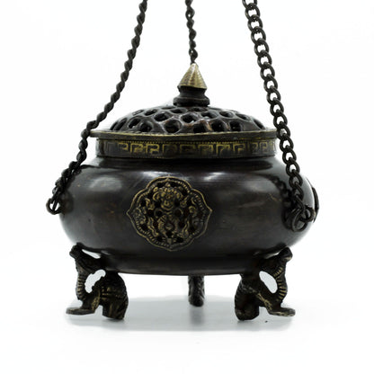 Large Tibetan Brass Burner - Four Symbols Hanging Vessel