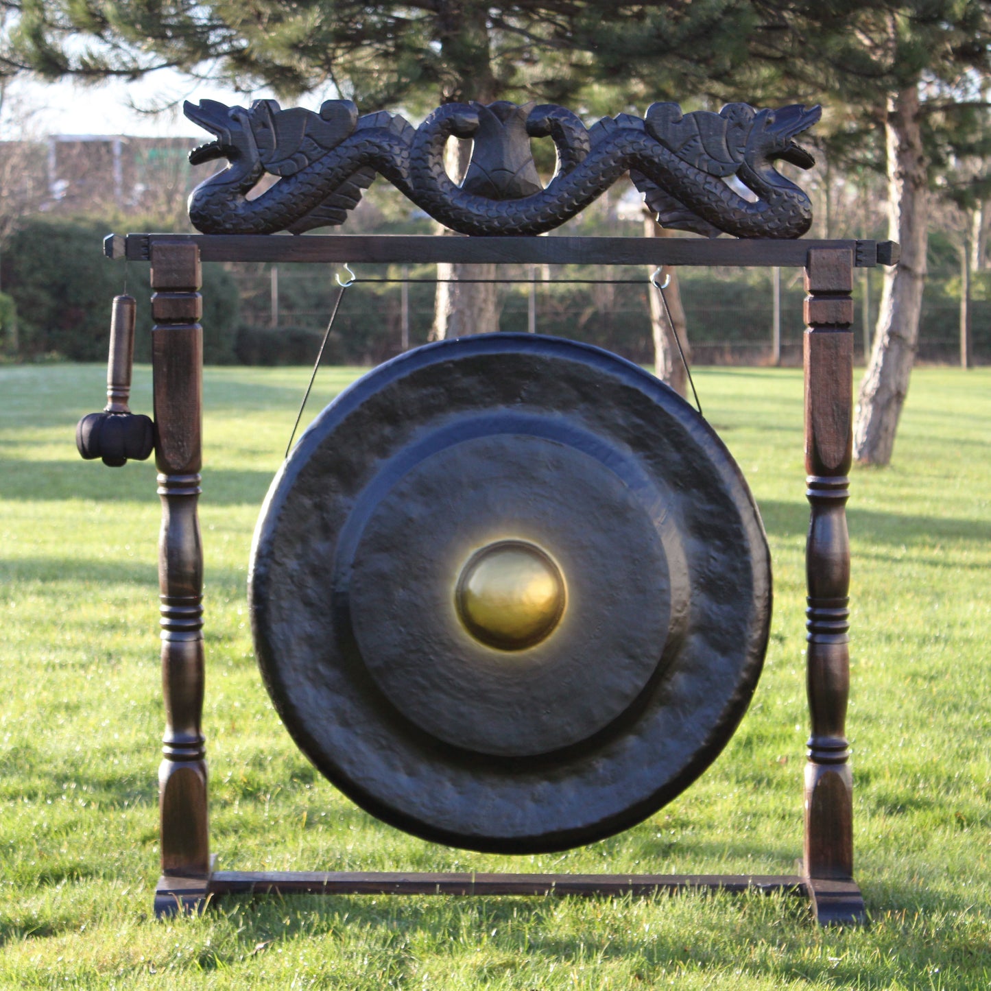 Large Meditation Gong on Antique Brown Stand - 80cm - Black