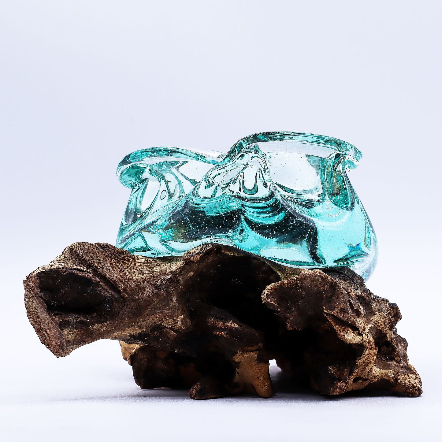 Cenicero grueso de vidrio fundido / Portavelas en madera 23 cm