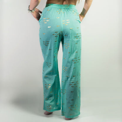 (ML) Colección Nómada Sari Mediterráneo - Pantalones - Diseño de Peces en Turquesa y Oro
