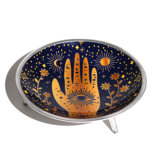 Three-legged enameled offering plate - Midnight blue Hamsa