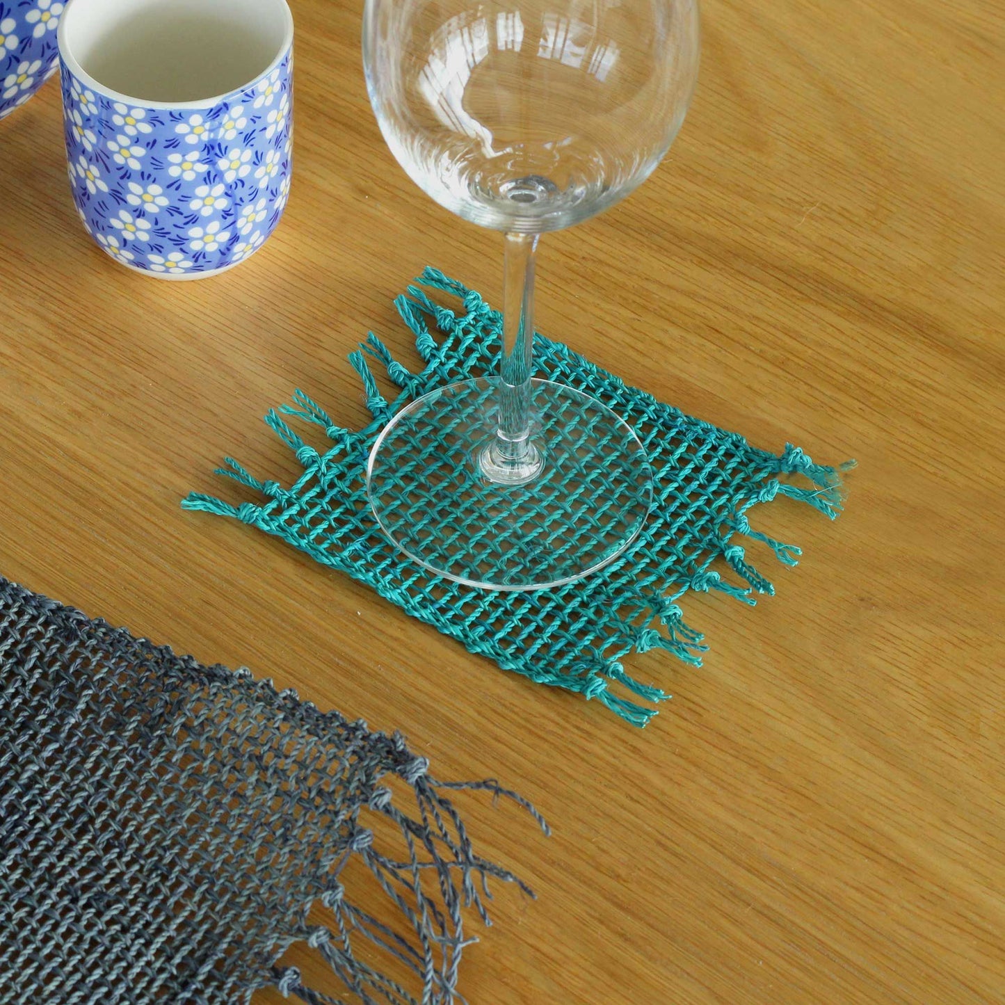 Set of 4 Natural Fringe Coasters - Turquoise