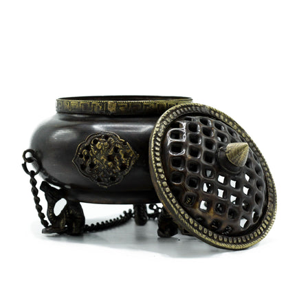 Large Tibetan Brass Burner - Four Symbols Hanging Vessel