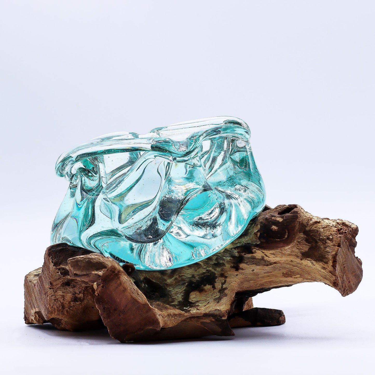 Cenicero grueso de vidrio fundido / Portavelas en madera 23 cm