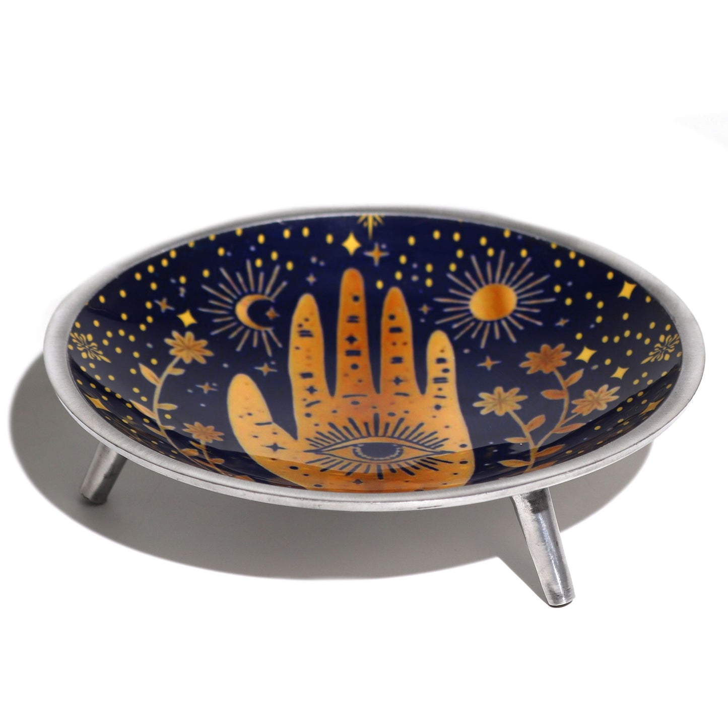 Three-legged enameled offering plate - Midnight blue Hamsa