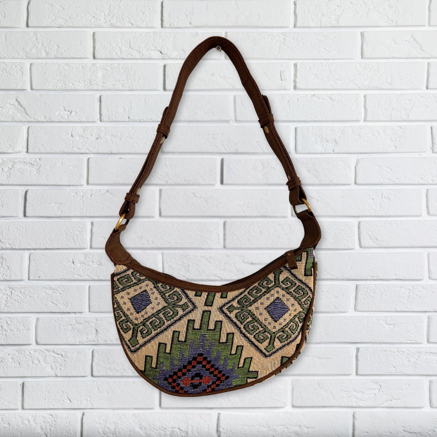 Bolso Hobo de Jacquard - Geo-Verde (correa marrón)