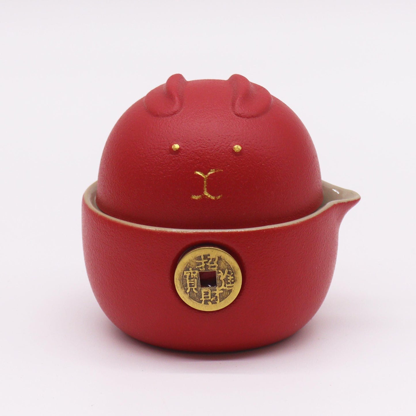 Teapot Set - Money Cat - Two Cups &amp; Travel Case - Red