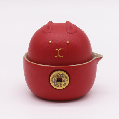 Teapot Set - Money Cat - Two Cups &amp; Travel Case - Red