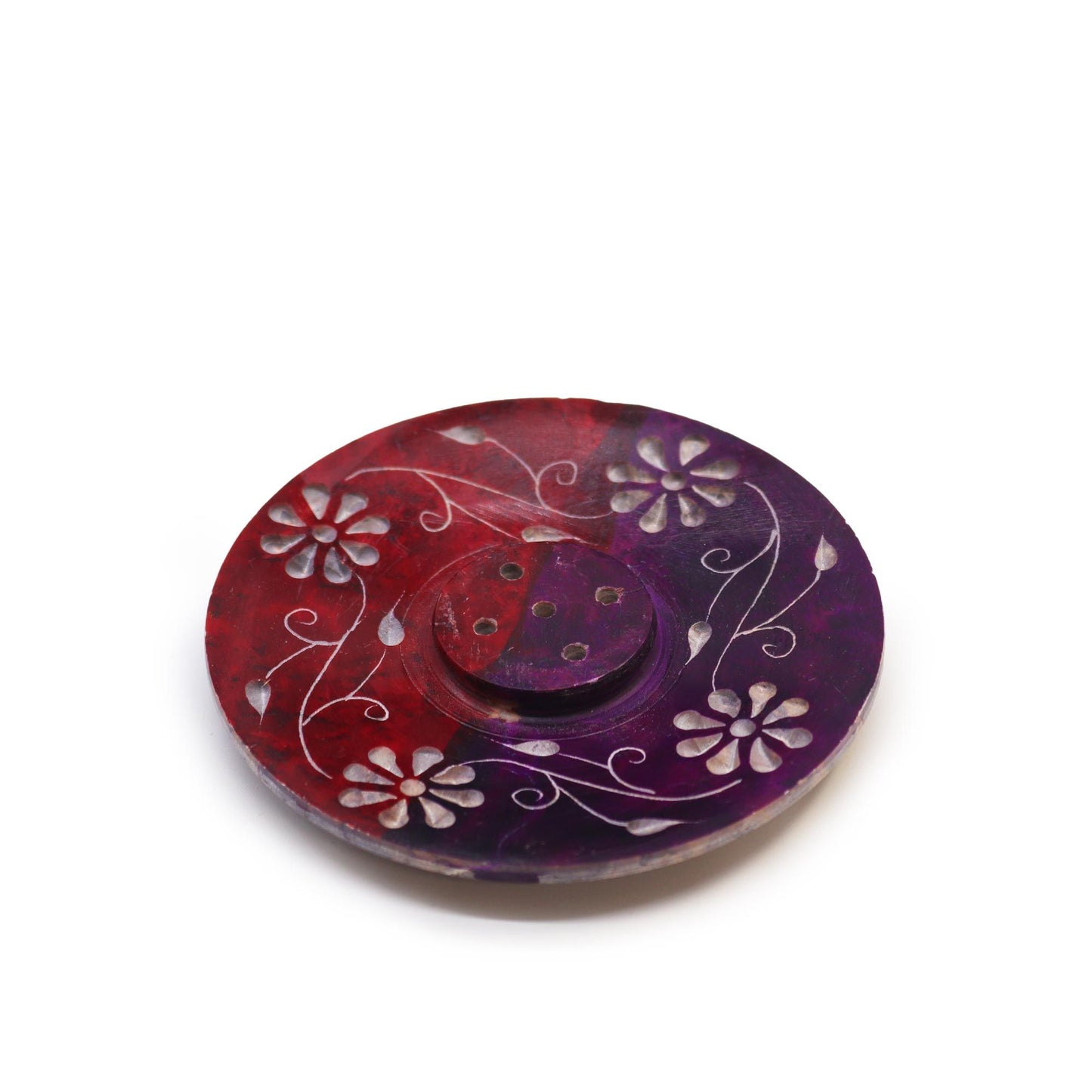 Soapstone Disc Incense Holder 8cm - Floral (holds 5 sticks)