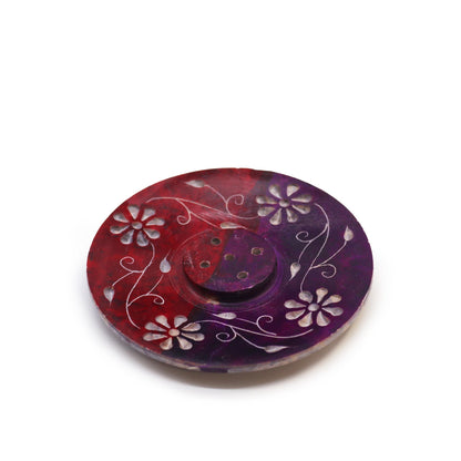 Soapstone Disc Incense Holder 8cm - Floral (holds 5 sticks)