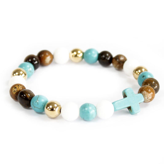 Turquoise Cross / Real Pearls - Gemstone Bracelet