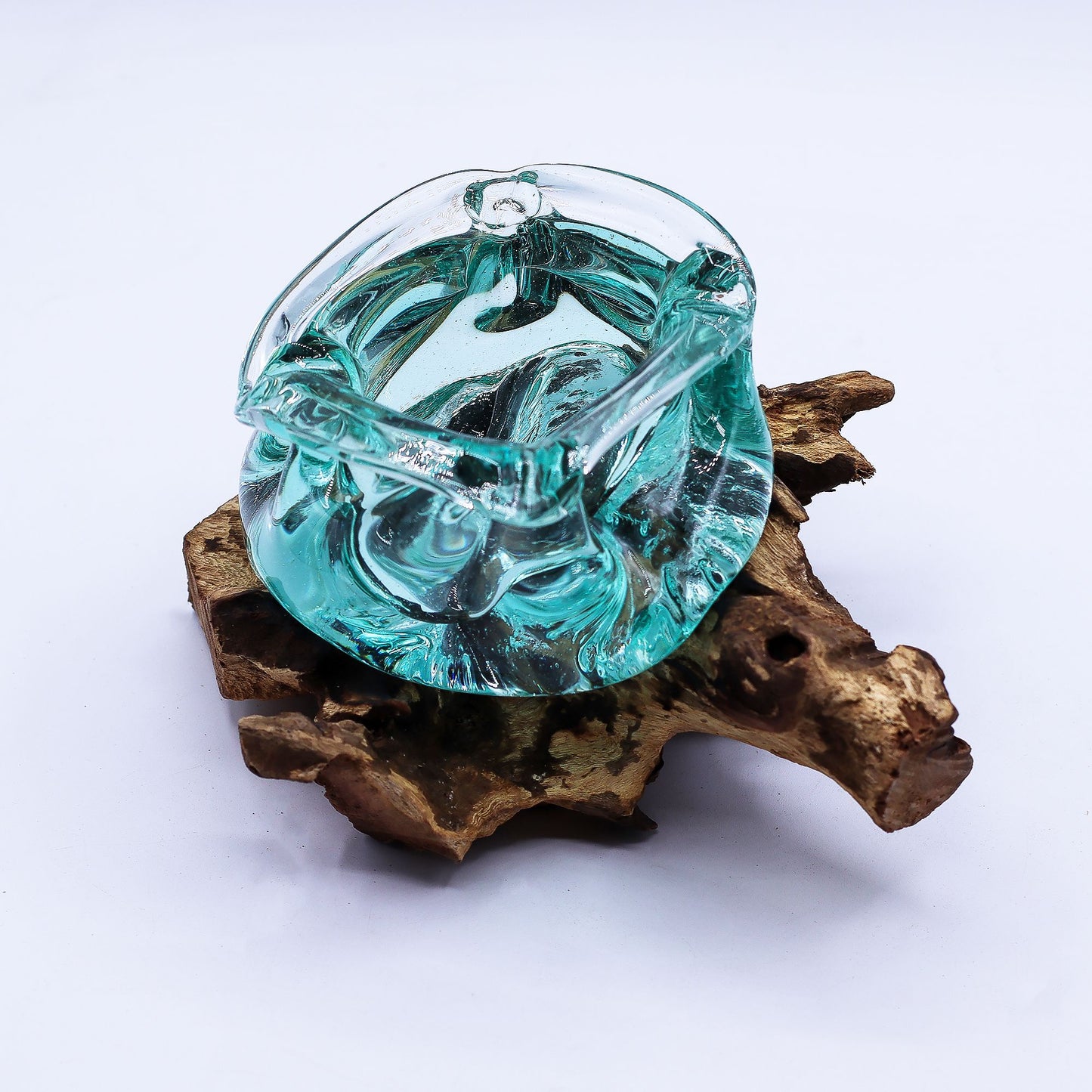 Cenicero grueso de vidrio fundido / Portavelas en madera 23 cm