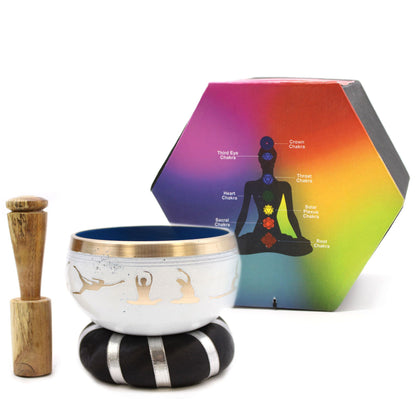 Tibetan Singing Bowl Set - Yoga Movements - White/Blue 10.7 cm