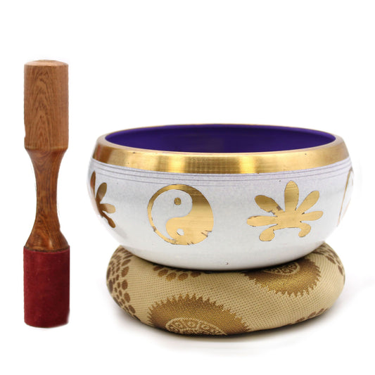 Large Tibetan Singing Bowl Set - Yin &amp; Yang - White/Purple 14cm