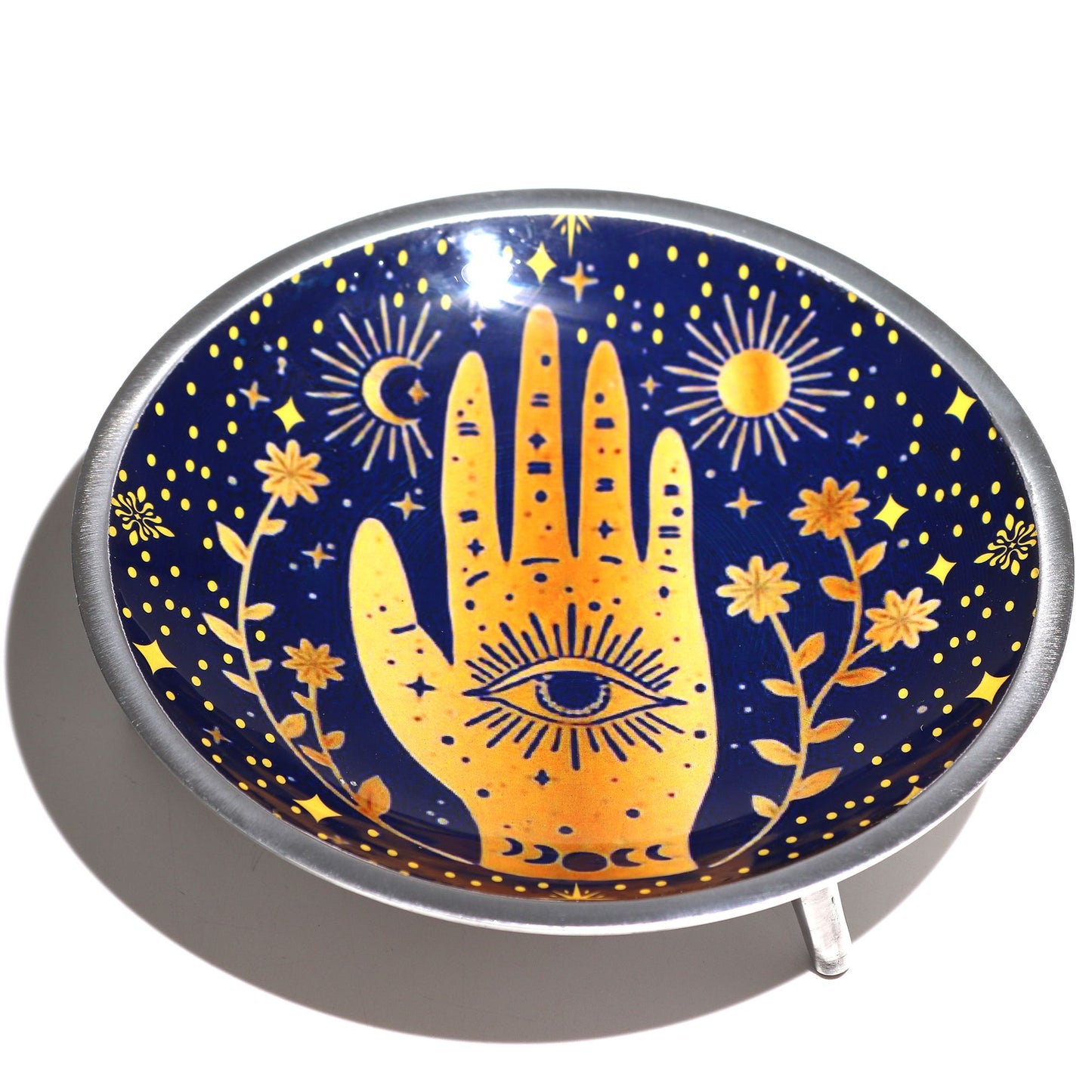 Three-legged enameled offering plate - Midnight blue Hamsa