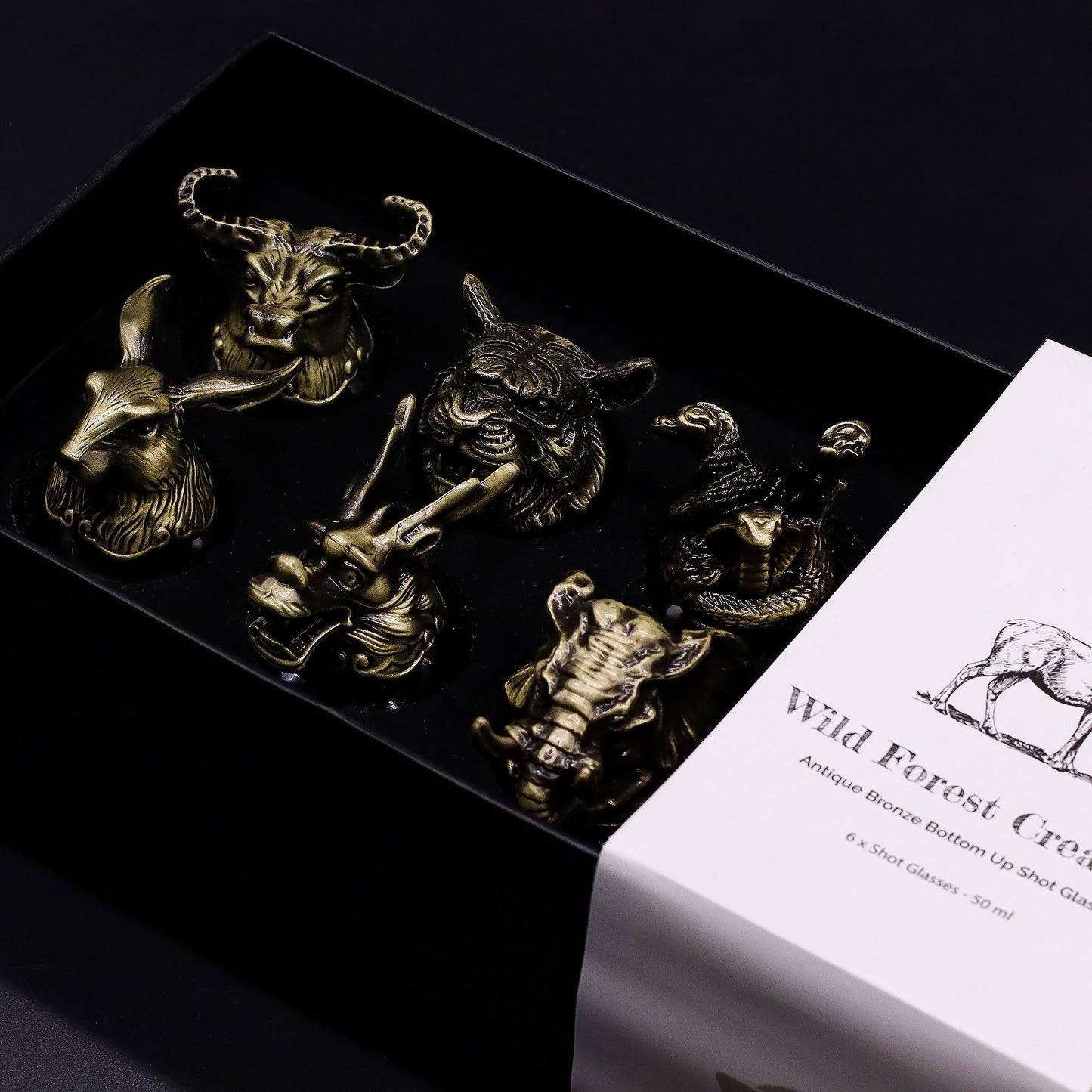 Gift set of 6 shot glasses (50 ml) - Wild Forest Creatures - Antique Bronze