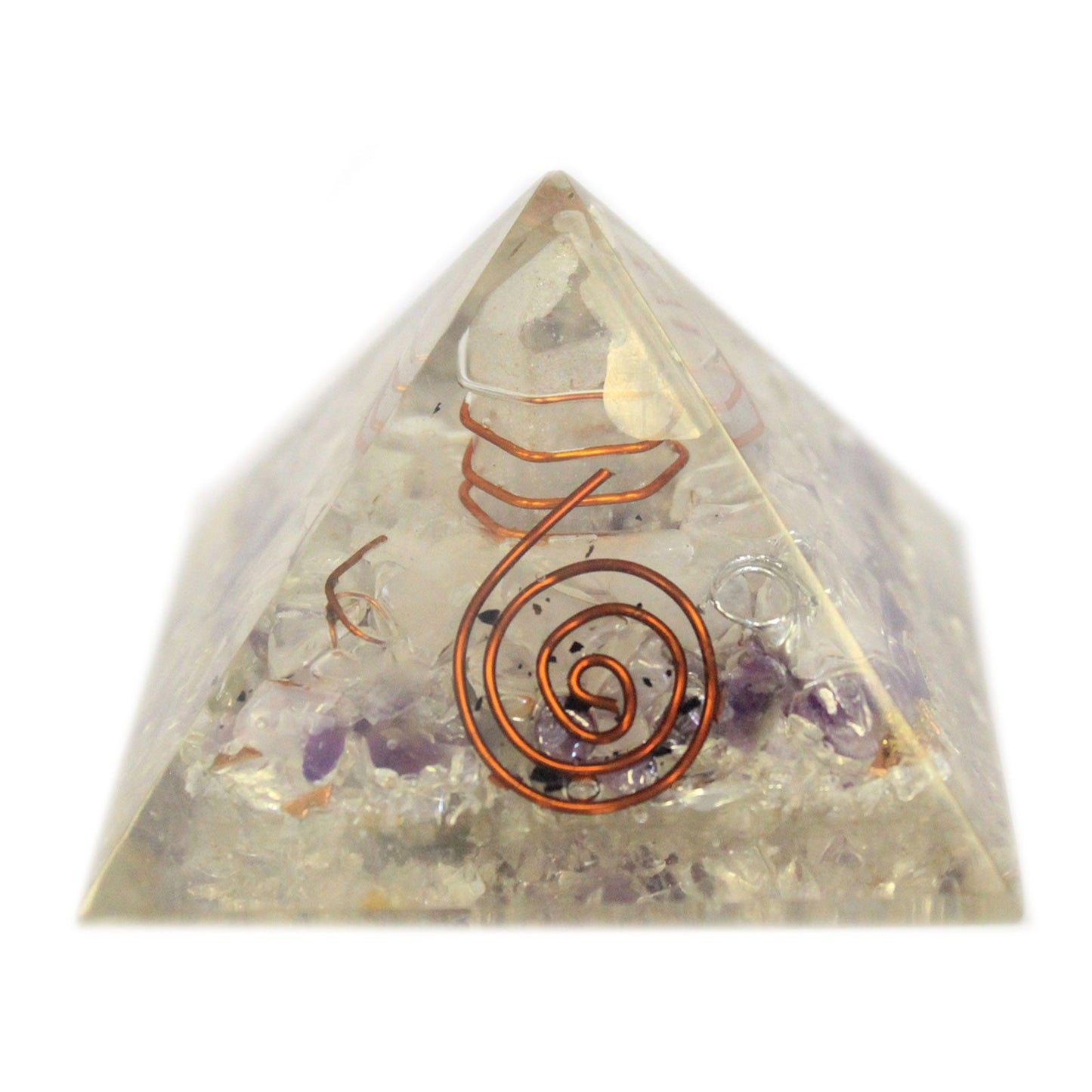 Pyramide d'orgonite moyenne de 55 mm, éclats de pierres précieuses et cuivre