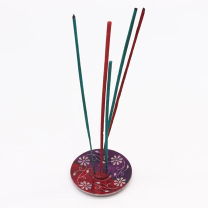 Soapstone Disc Incense Holder 8cm - Floral (holds 5 sticks)