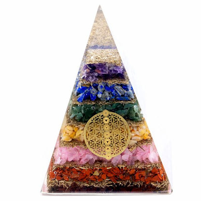 Grande pyramide d'orgonite de 70 mm - Pierres précieuses des chakras - Fleur de Vie des sept chakras - 70 mm
