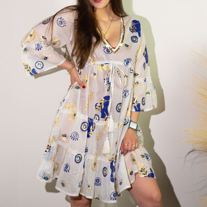(ML) Colección Nomad Sari  - Vestido - Diseño de mal de ojo blanco, azul y dorado