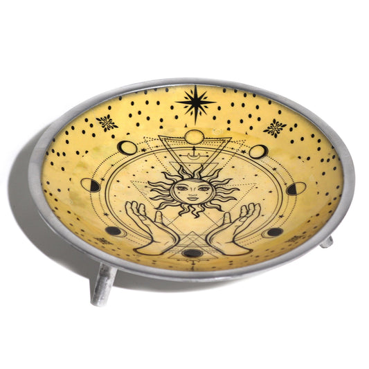 Three-legged enameled offering plate - Hands and Sun