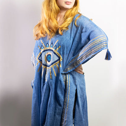 Colección Nómada Sari Mediterráneo - Kaftan - Diseño del Ojo Maligno en Azul Rico y Oro