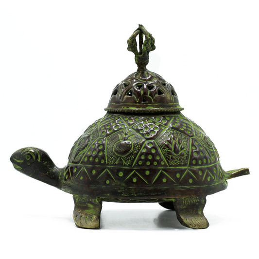 Tibetan Brass Verdigris Turtle Incense Holder - Large