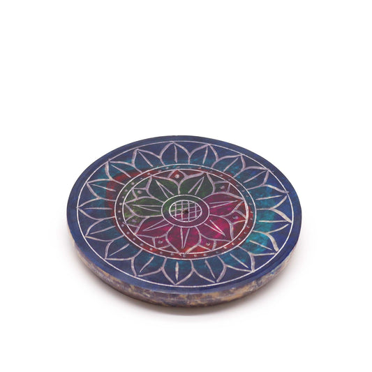 Soapstone Disc Incense Holder 8cm - Lotus on Lotus