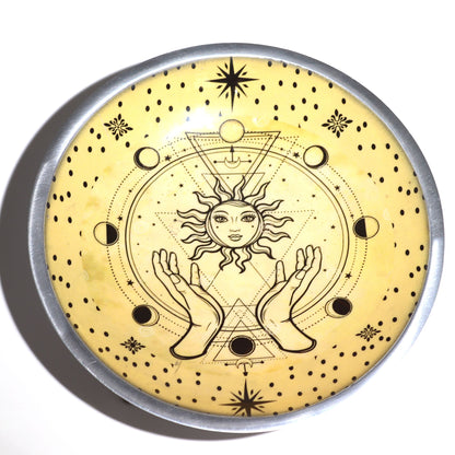 Three-legged enameled offering plate - Hands and Sun
