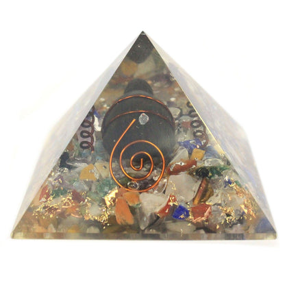Pyramide d'orgonite 60 mm, éclats de pierres précieuses, cuivre, tortue