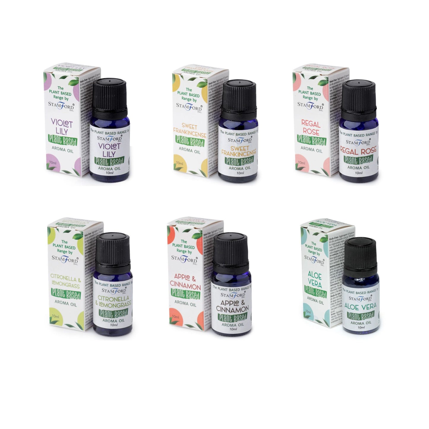 Lot de 6 huiles essentielles végétales assorties : aloe vera, cannelle et pomme, citronnelle, rose royale, encens doux, lys violet