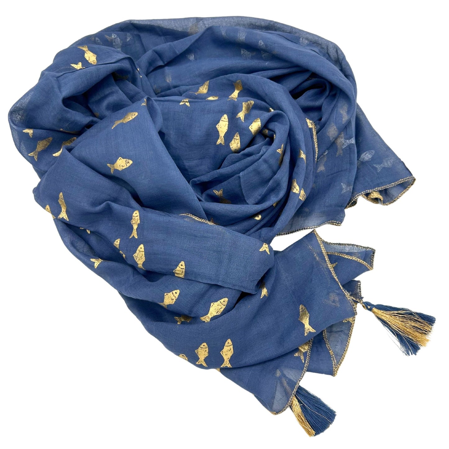 Colección Nómada Sari Mediterráneo - Pareo - Diseño de Peces en Azul Marino y Oro