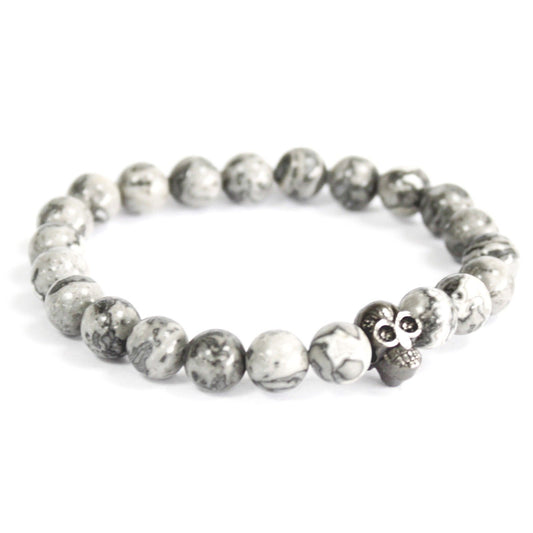 Pewter Skull / Grey Agate Gemstone Bracelet