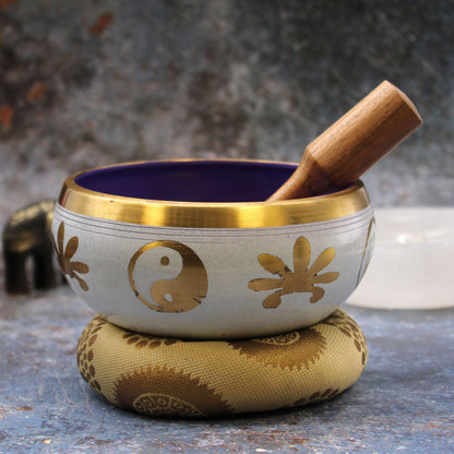 Large Tibetan Singing Bowl Set - Yin &amp; Yang - White/Purple 14cm