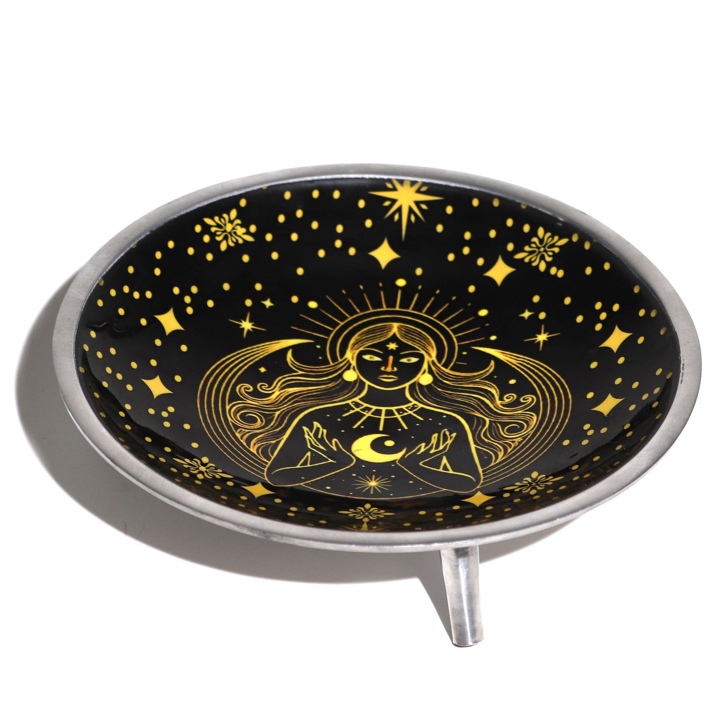 Three-legged enameled offering plate - Gold Goddess on black