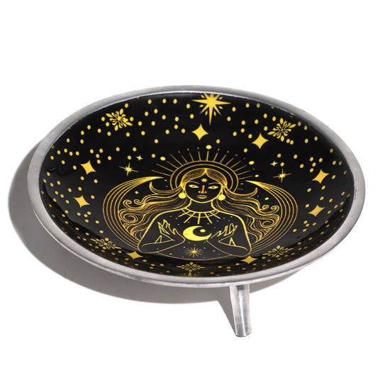 Three-legged enameled offering plate - Gold Goddess on black