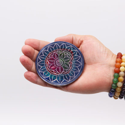 Soapstone Disc Incense Holder 8cm - Lotus on Lotus