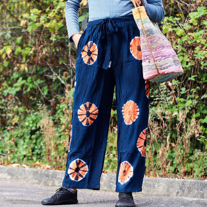 Pantalones de estilo japonés para estar en casa - Azul y naranja L