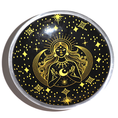 Three-legged enameled offering plate - Gold Goddess on black