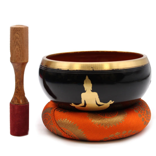 Large Tibetan Singing Bowl Set - Buddha - Black/Orange 14cm