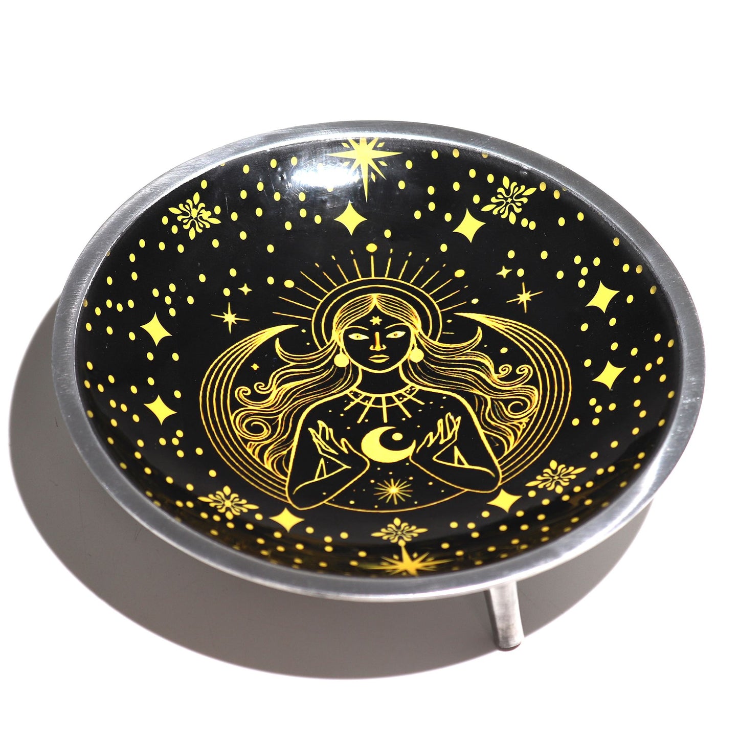 Three-legged enameled offering plate - Gold Goddess on black